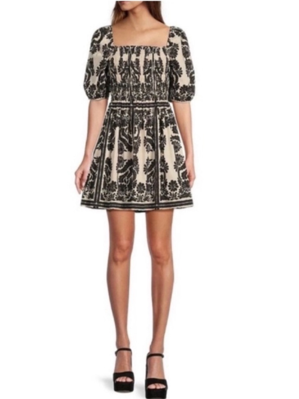 ANTONIO MELANI Black & Cream Square-Neck Puff Sleeve Mini Dress